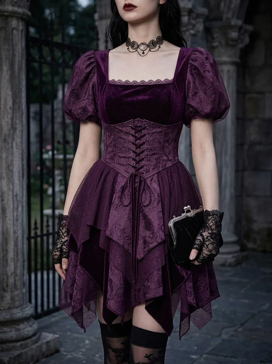 Women's Gothic Victorian Corset Lace Puff Sleeve Mini Dress