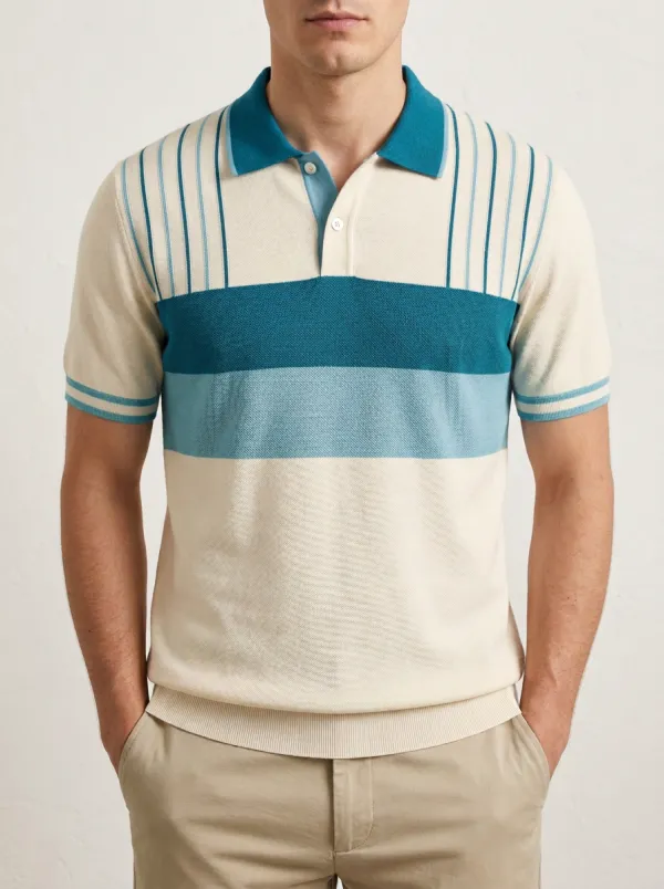 Men's Vintage Striped Colorblock Knit Polo Shirt