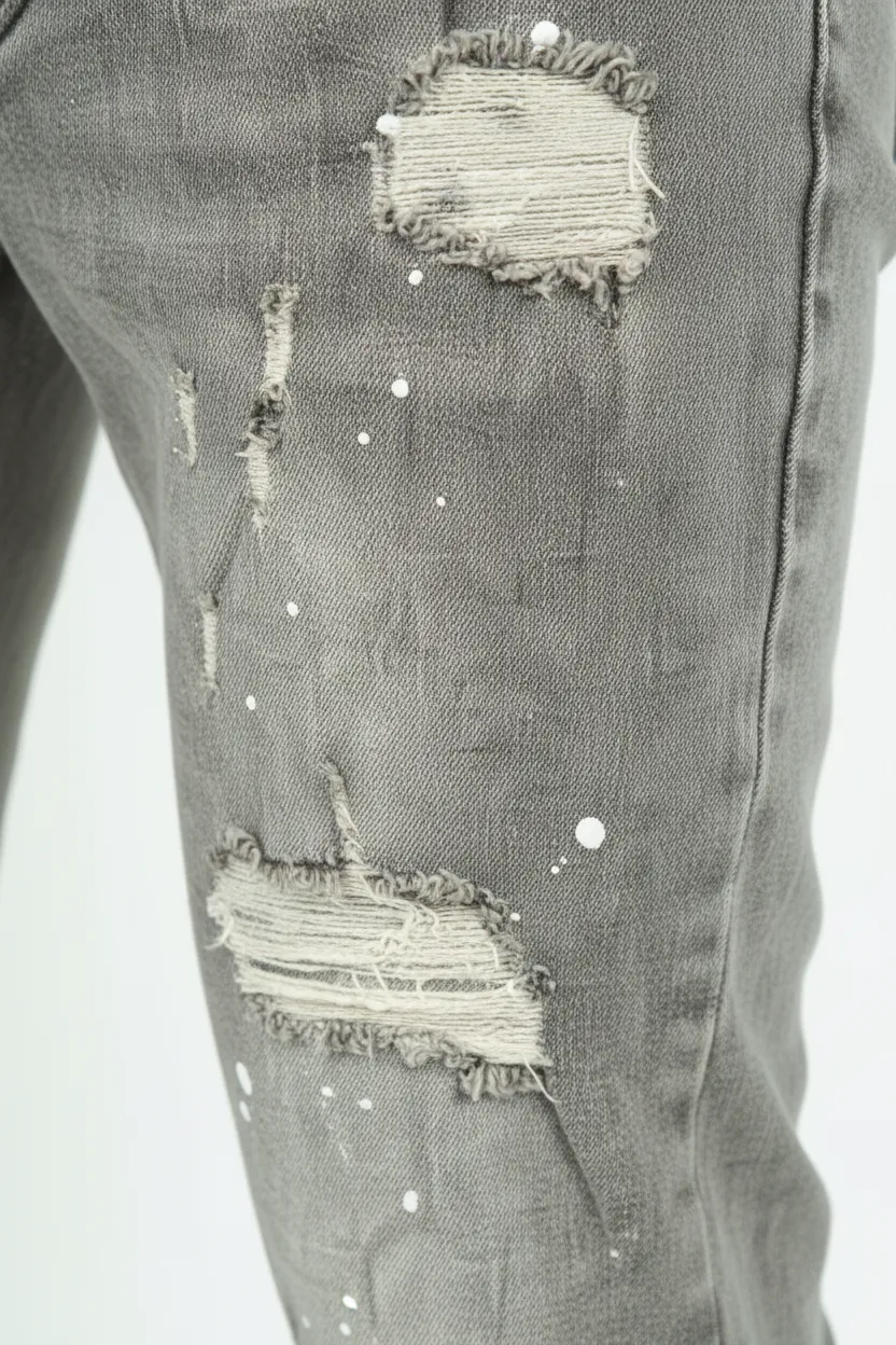Distressed Slim Fit Paint Splatter Five Pocket Jeans
