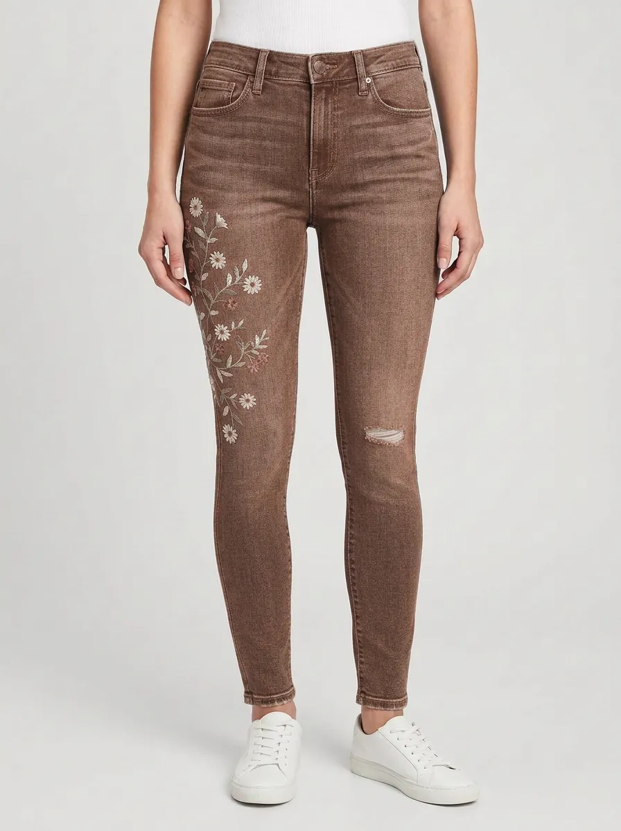 Women's Floral Daisy Embroidered Distressed Slim Jeans