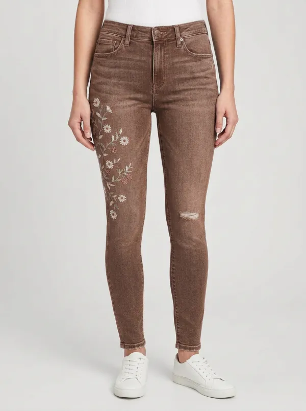 Women's Floral Daisy Embroidered Distressed Slim Jeans