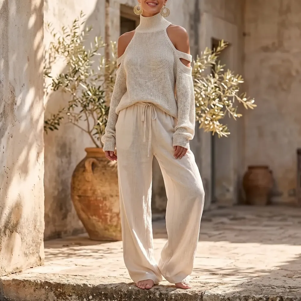 Cold Shoulder Knit Wide Leg Set