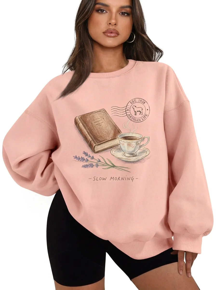 Women's Book Slow Morning Coffee Lavender Graphic Sweatshirt
