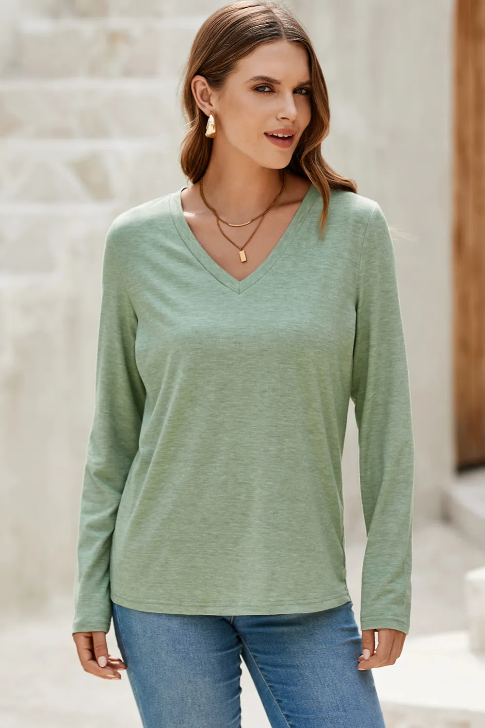 Grass Green V Neck Long Sleeve Top