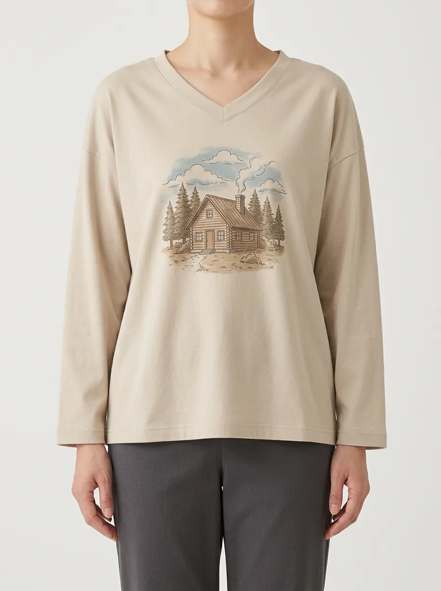 Women's Cabin Graphic V-Neck Long-Sleeve T-Shirt