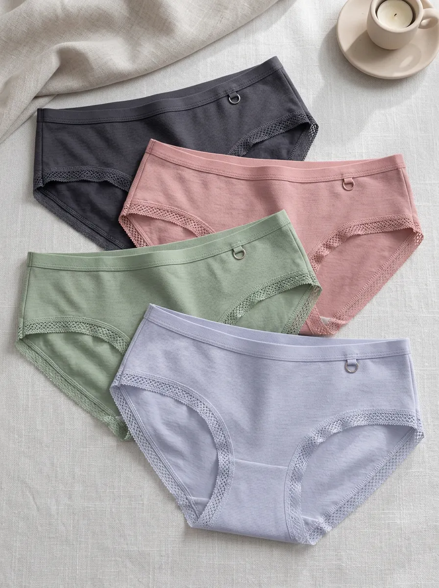 Women's Ribbed Lace Trim O-Ring Detail Cotton Panties Set