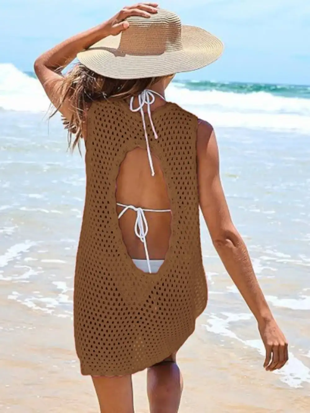 Blocked Pattern Openwork Sleeveless Panel Detail Swim Cover Up