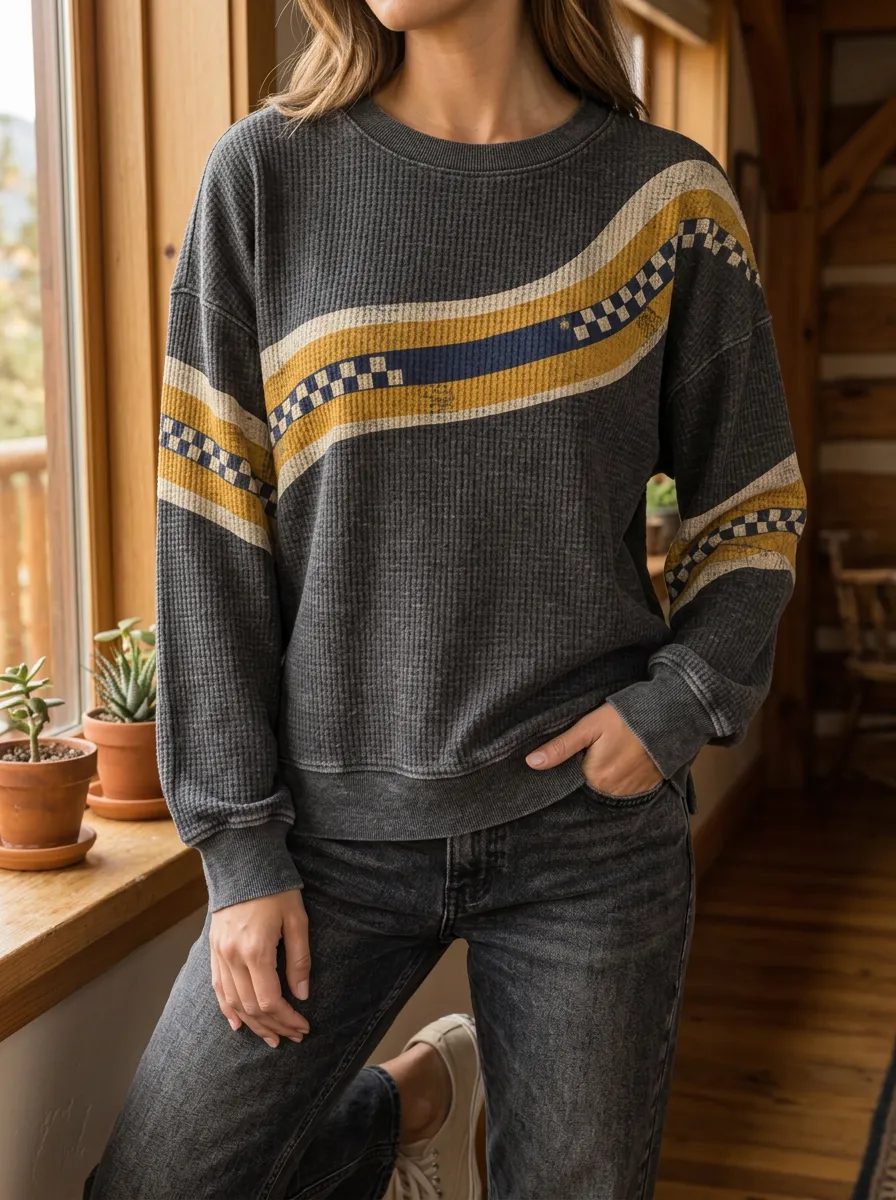 Women's Retro Checkered Stripe Patterned Waffle Knit Crewneck Sweatshirt
