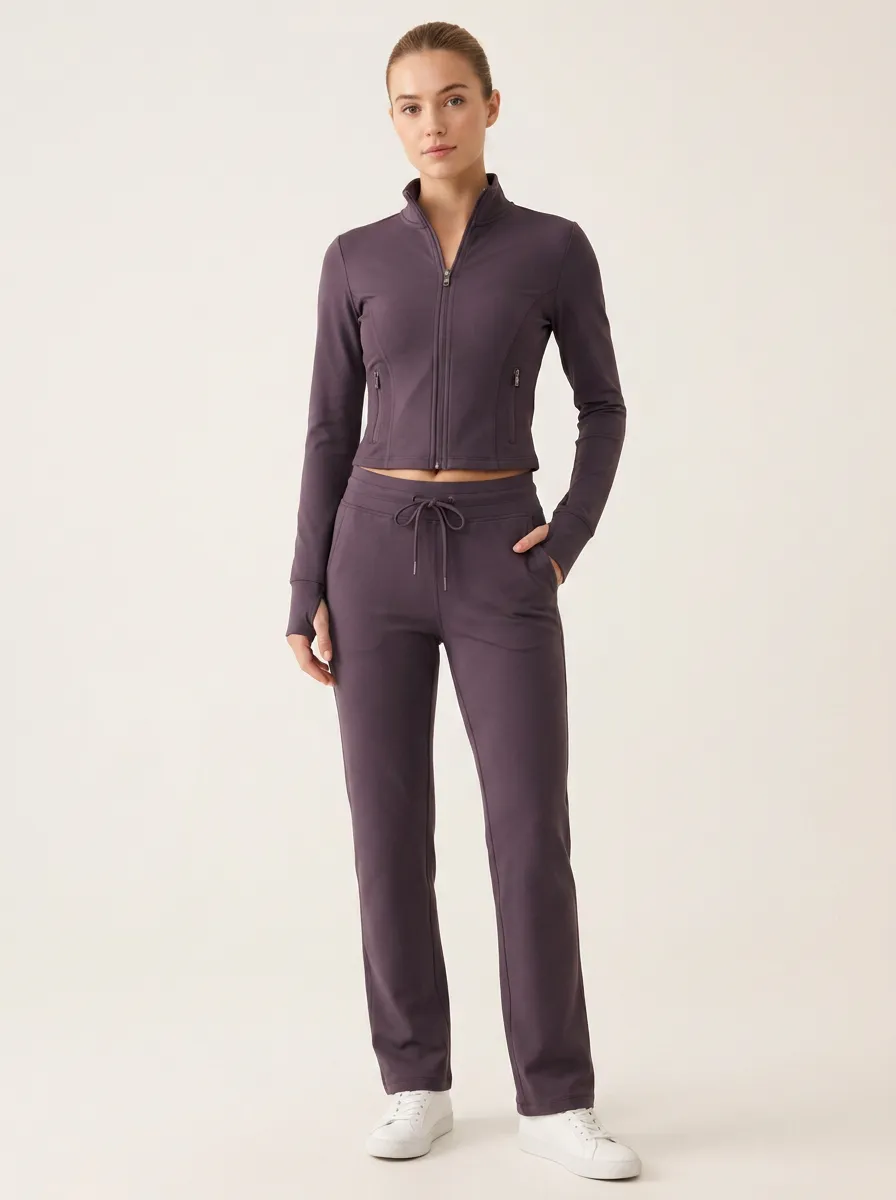 Women's Athletic Yoga Solid Purple Zip-Up Tracksuit Set