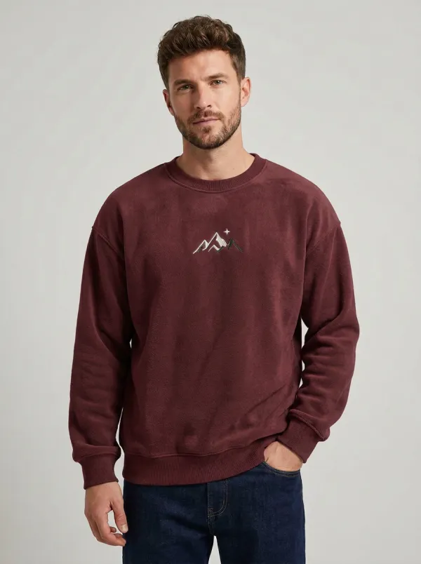 Men's Charcoal Grey Outdoor Mountain Star Embroidered Fleece Sweatshirt