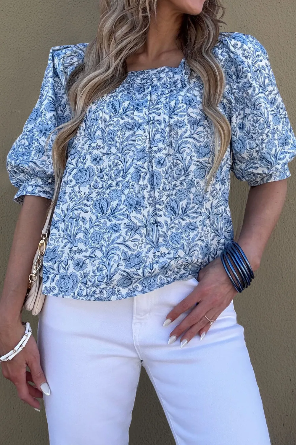Sky Blue Square Neck Short Sleeve Blouse