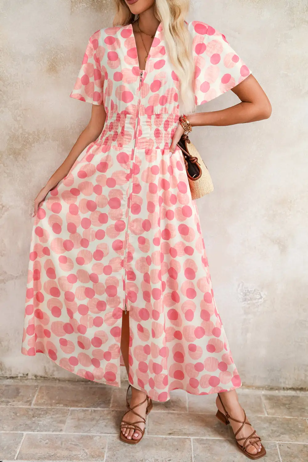 Maxi Polka Dot Printed Ruffle Short Sleeve Zip Up