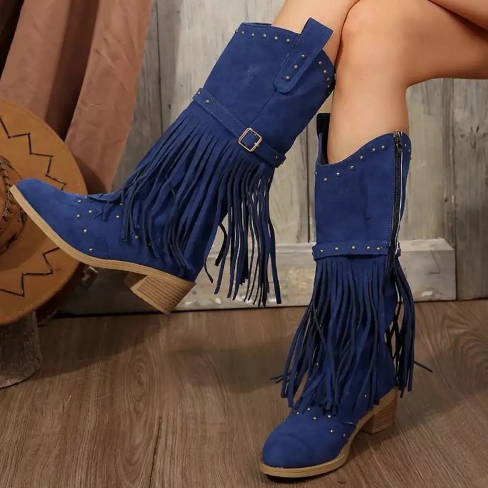 Casual Fringe Point Toe Block Heels Boots