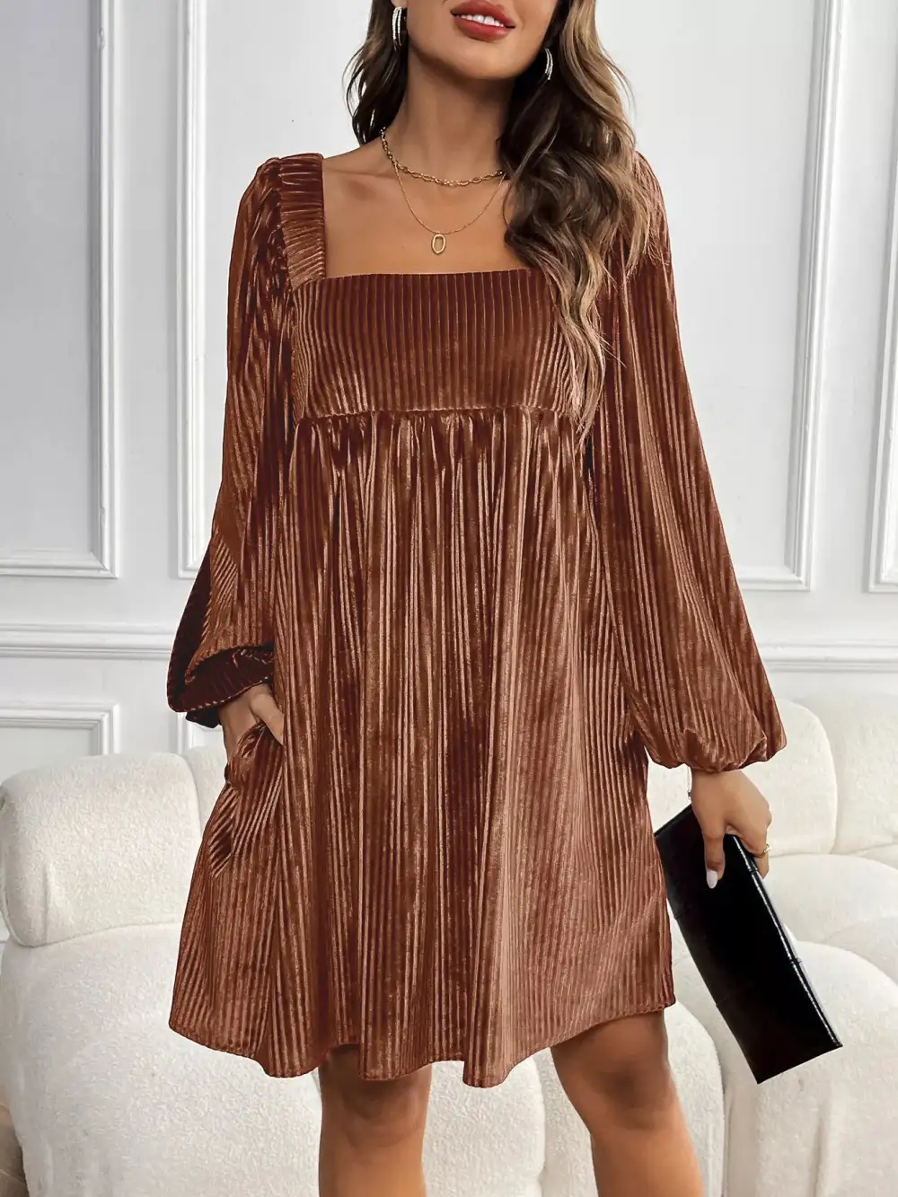 Soft Touch Velvet Square Neck Long Sleeve Dress