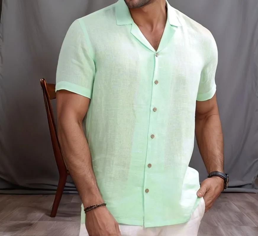 Mint Green Linen Camp Collar Shirt