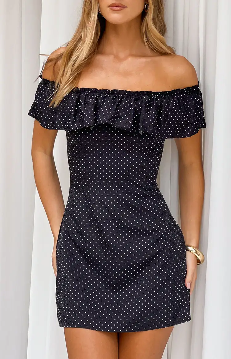 Polka Dot Off Shoulder Frills Mini Dress