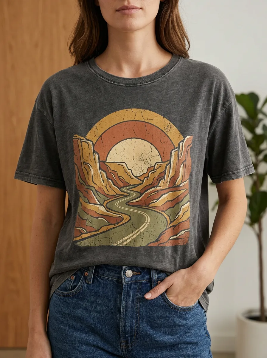 Women's Retro Canyon Road Sunset Printed T-shirt