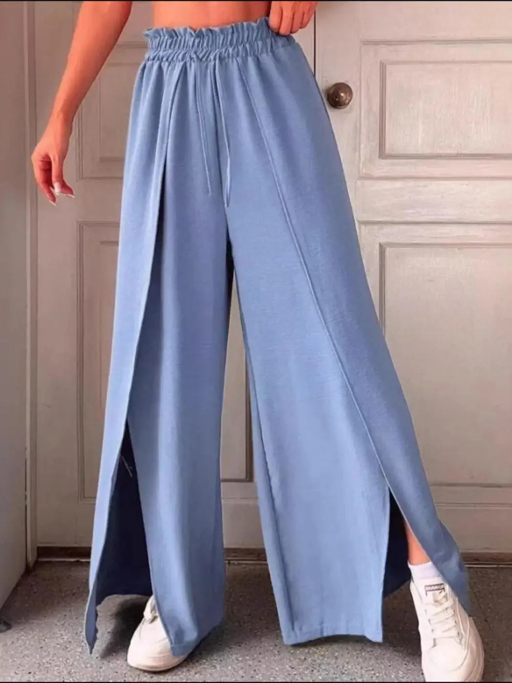 Wide Leg Slit Detail Ruffle Detail Everyday Pants