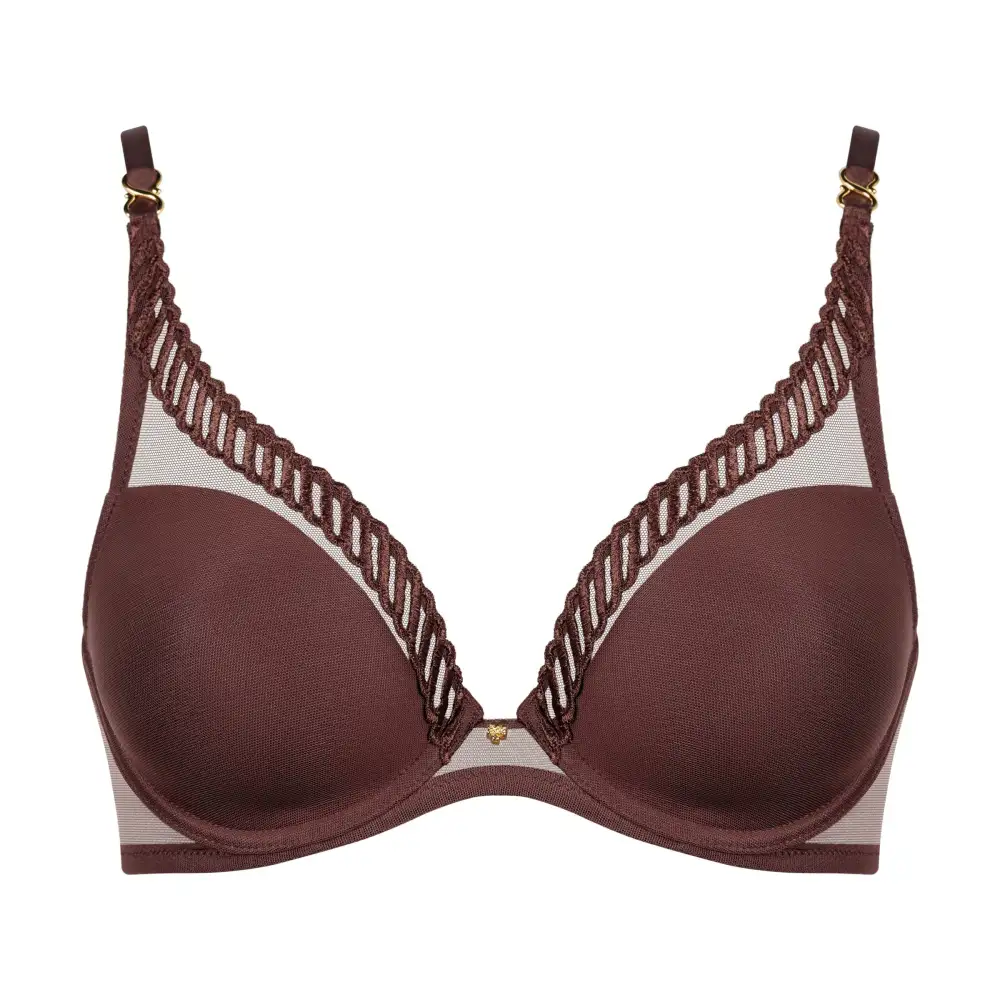 Women's Underwire Spacer Molded Embroidery Mesh Triangle Sheer Detail Deep Neckline Bra