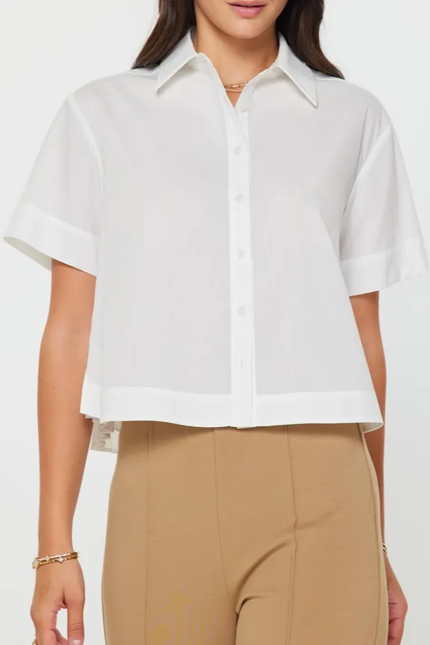 White Cropped Pleated Back Collared Shirt