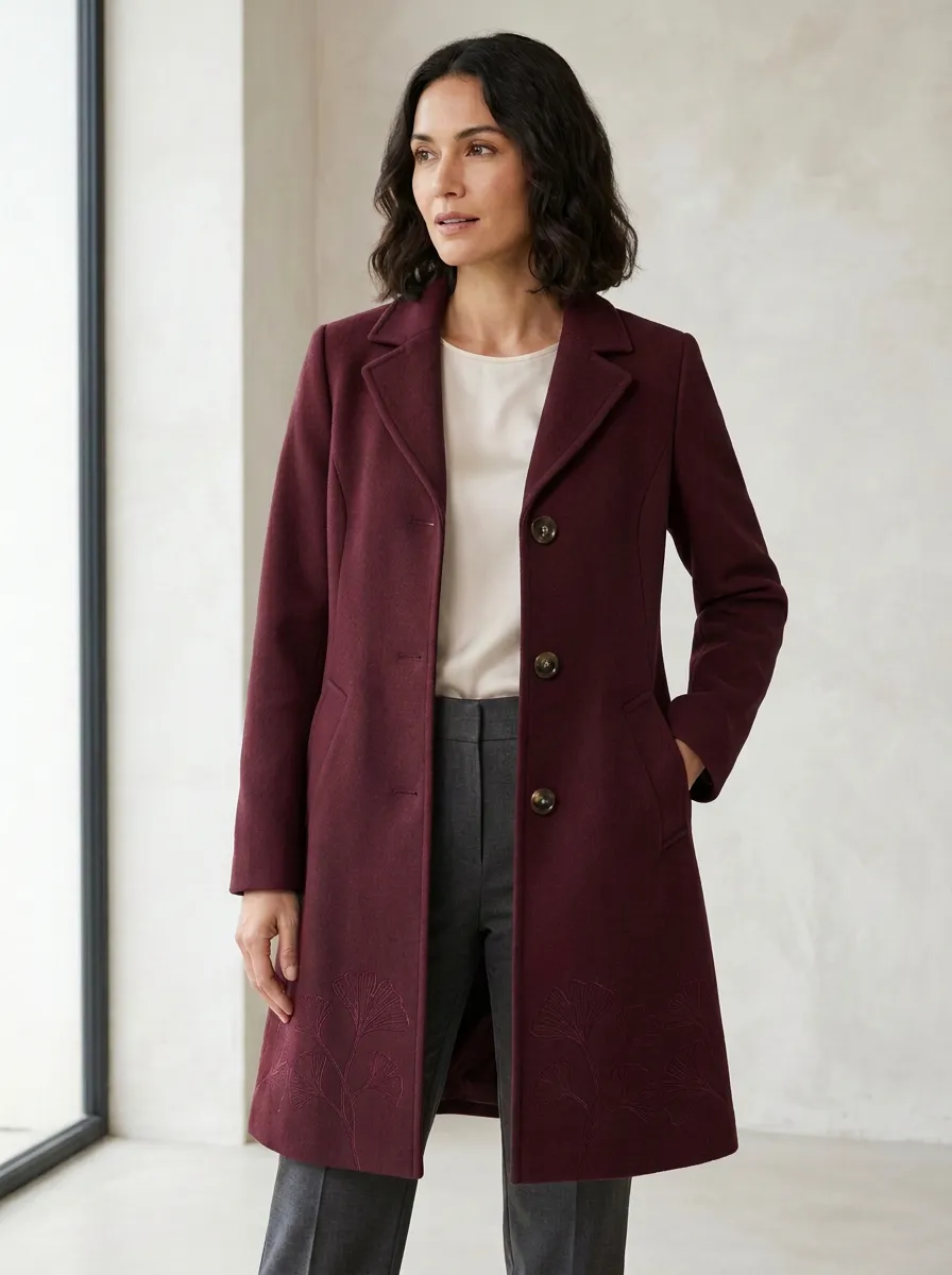 Women's Ginkgo Leaf Embroidered Navy Coat