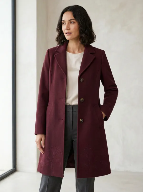 Women's Ginkgo Leaf Embroidered Navy Coat
