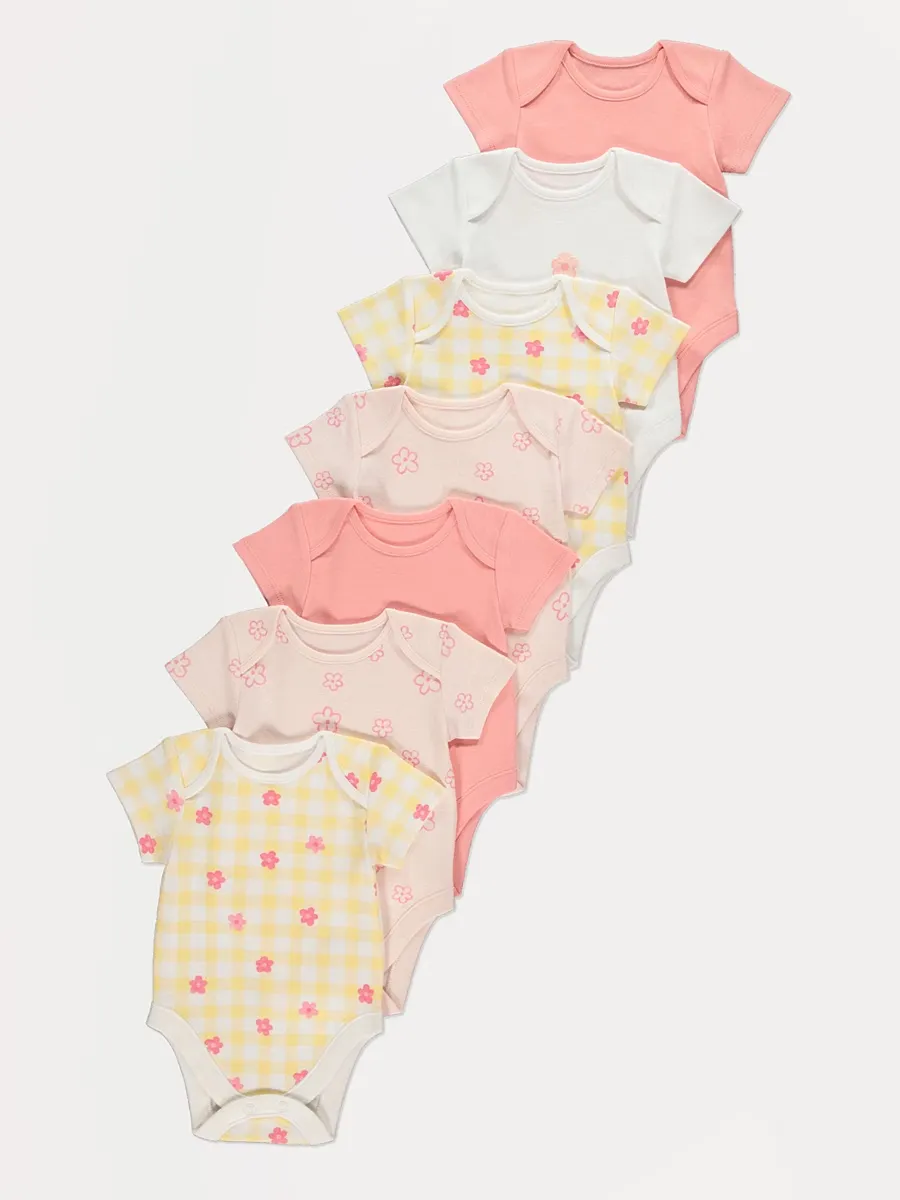 Gingham Floral Short Sleeve Bodysuits 7 Pack