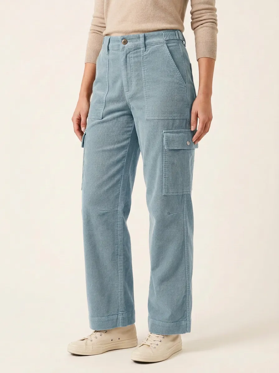 Women's High-Rise Multi-Pocket Cargo Straight-Leg Corduroy Pants