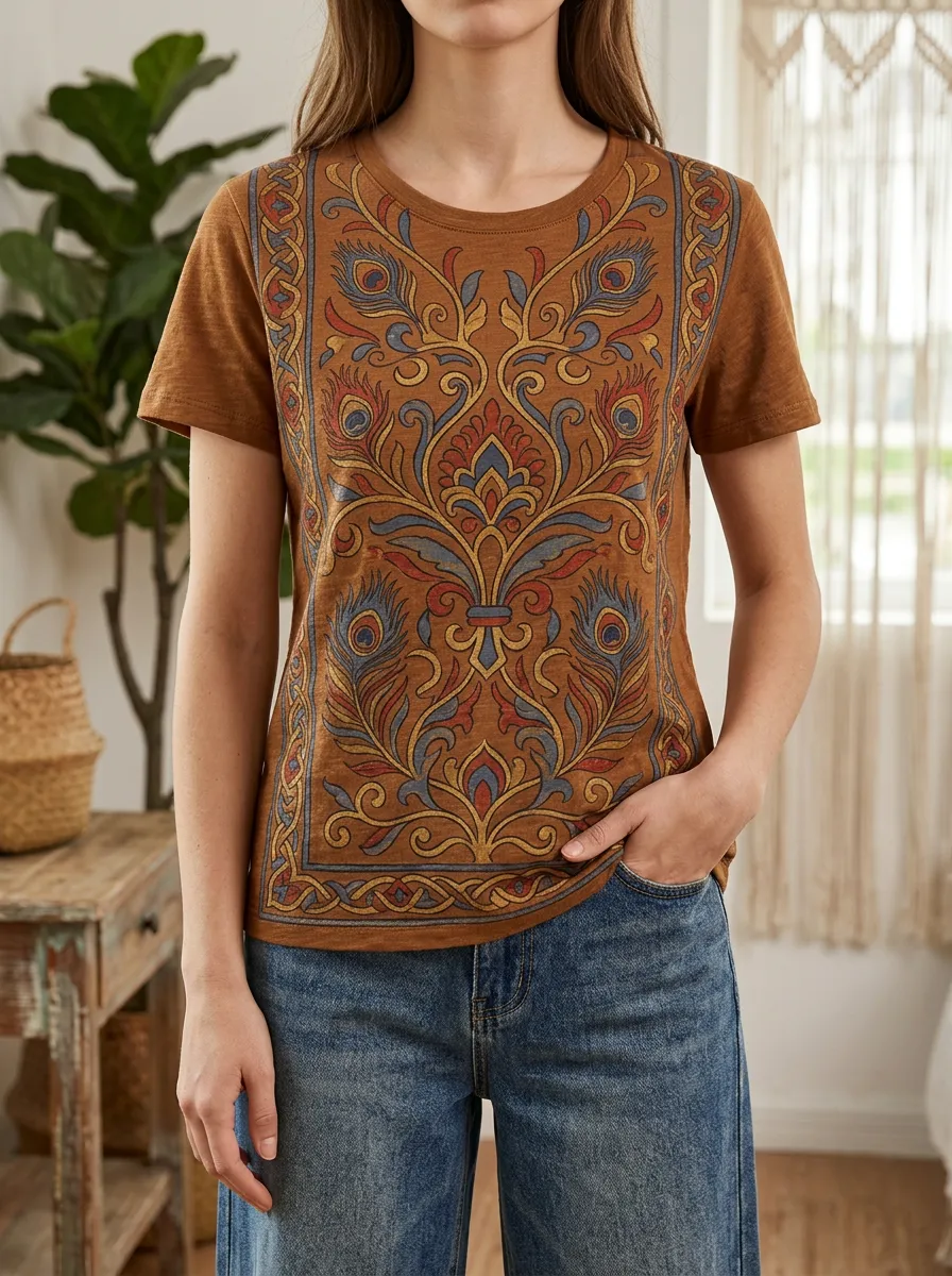 Women's Garden Bohemian Peacock Feather Floral Crew Neck T-Shirt