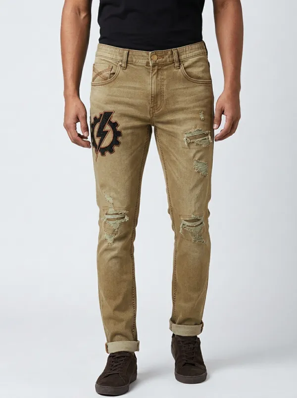 Men's Rock Style Lightning Gear Patch Distressed Printed Slim-Fit Jeans