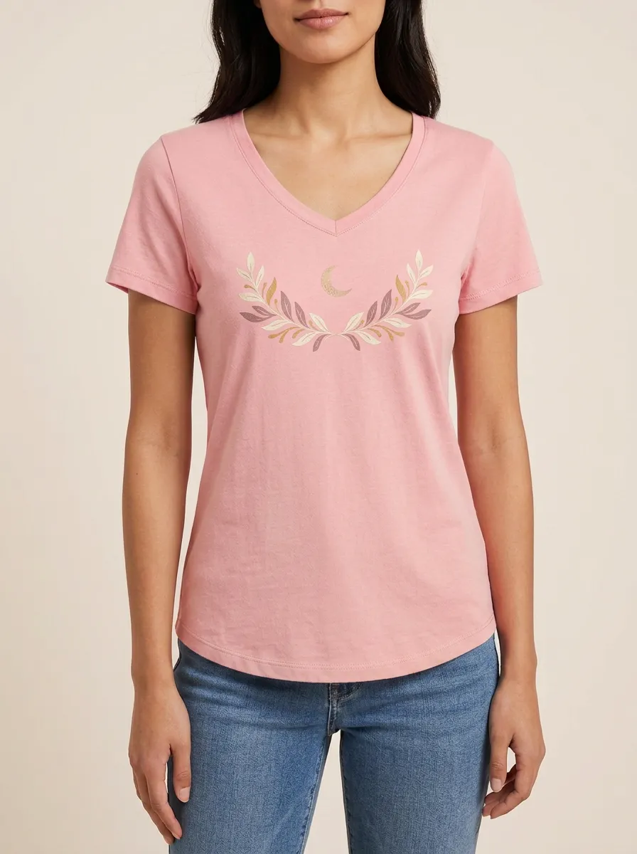 Women's Moon & Leaf Graphic V-Neck T-Shirt