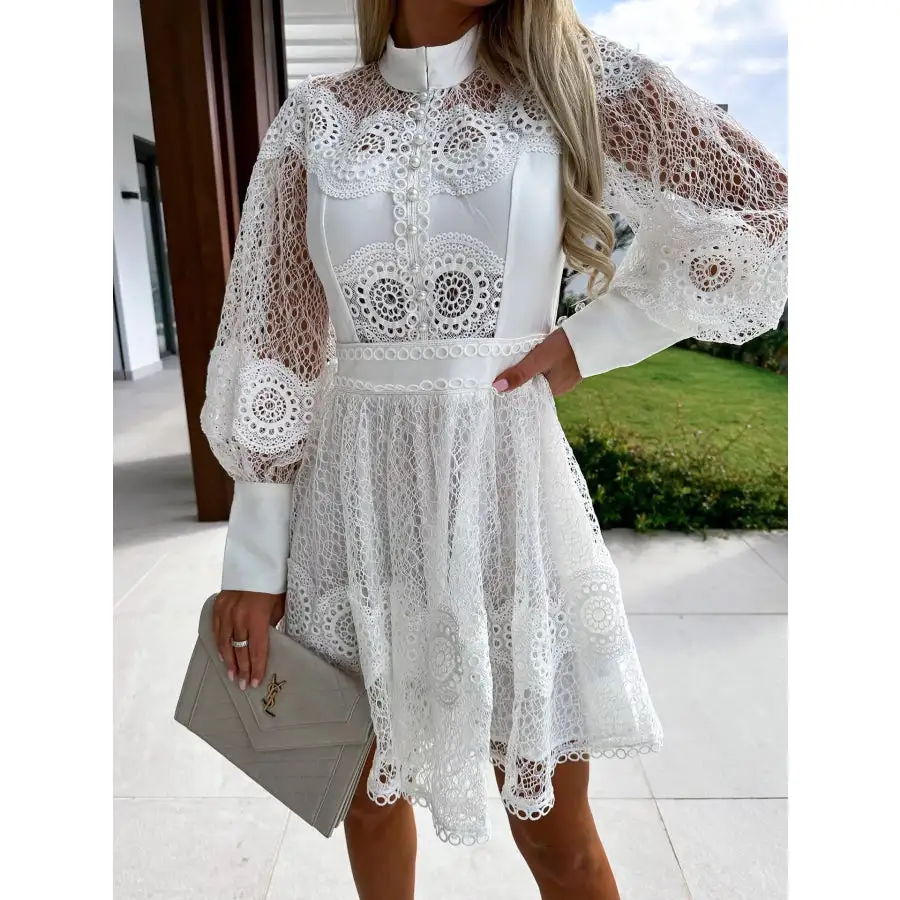 Soft Everyday Lace Lantern Sleeve Mini Dress