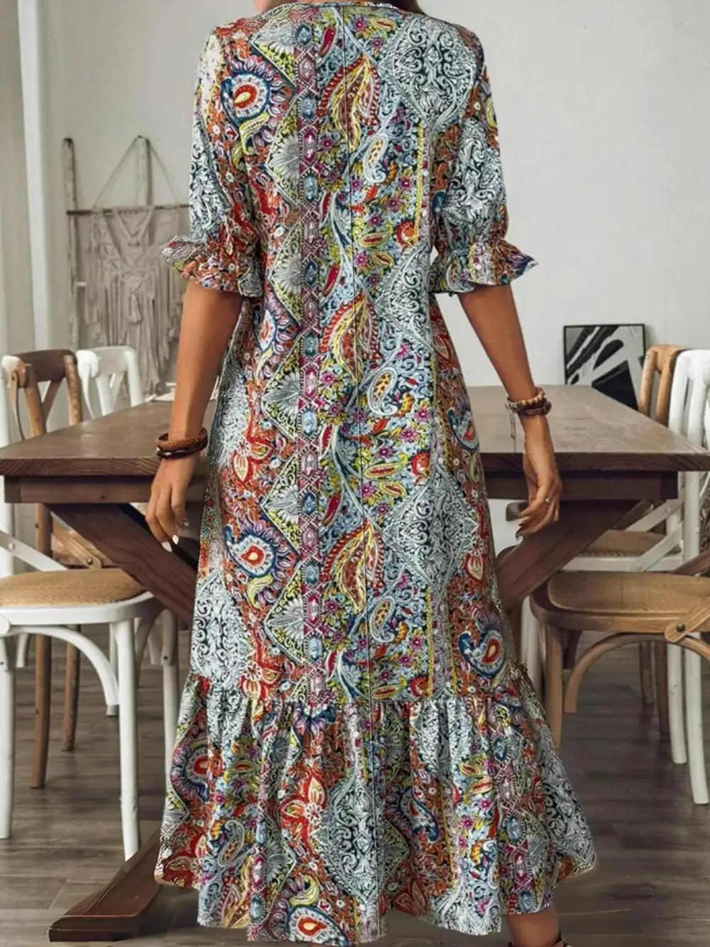 Wearable Cut Paisley Print V Neck Midi Dress
