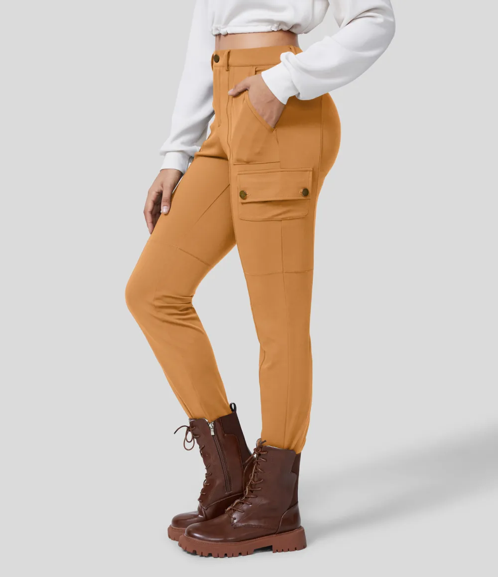 High Waisted Button Zipper Multiple Pockets Solid Skinny Cargo Pants