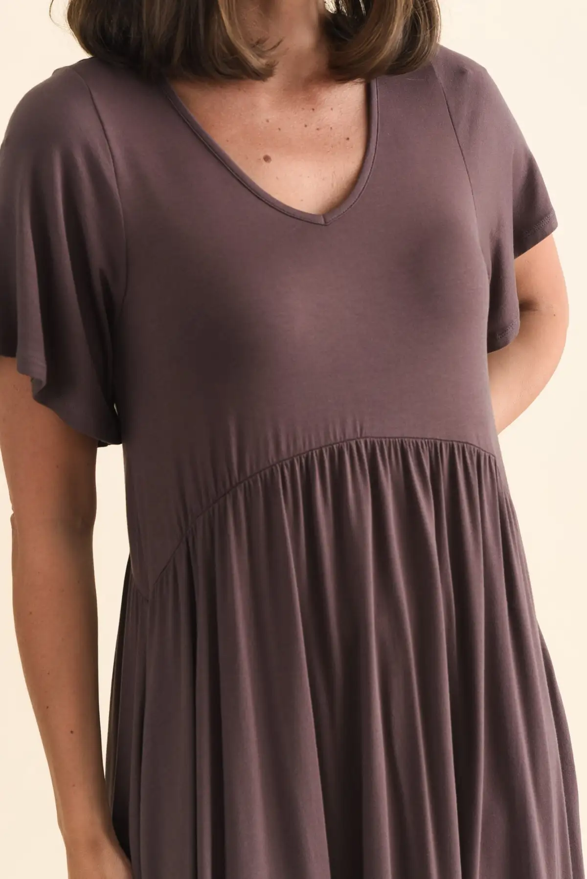 Viscose Gathered Pocket V-Neck Short-Sleeve A-Line Below-Knee Dress