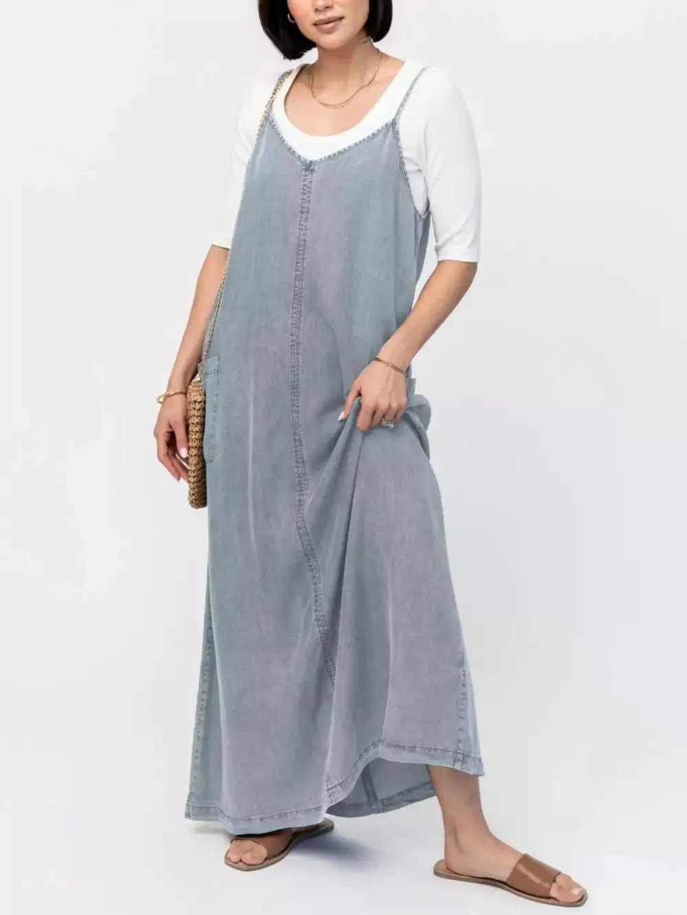 Casual Washed Denim Cami Maxi Dress