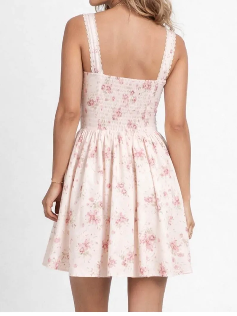 Boho Square Neck Lace Trim Ruched Mini Dress