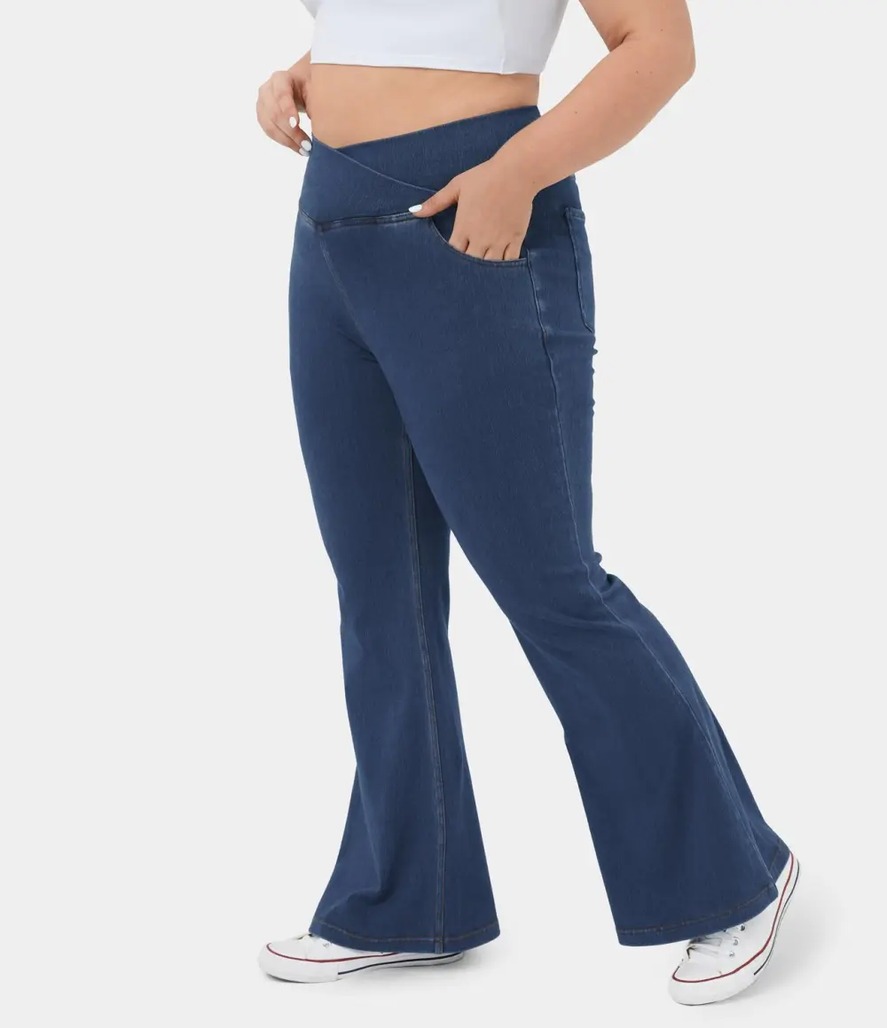 Magic High Waisted Crossover Pocket Cool Touch Breathable Washed Stretchy Knit Plus Size Casual Super Flare Jeans