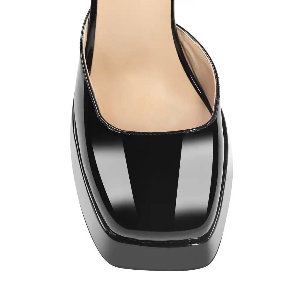 Modern Patent Finish Square Toe Low Platform Chunky Heel Pumps