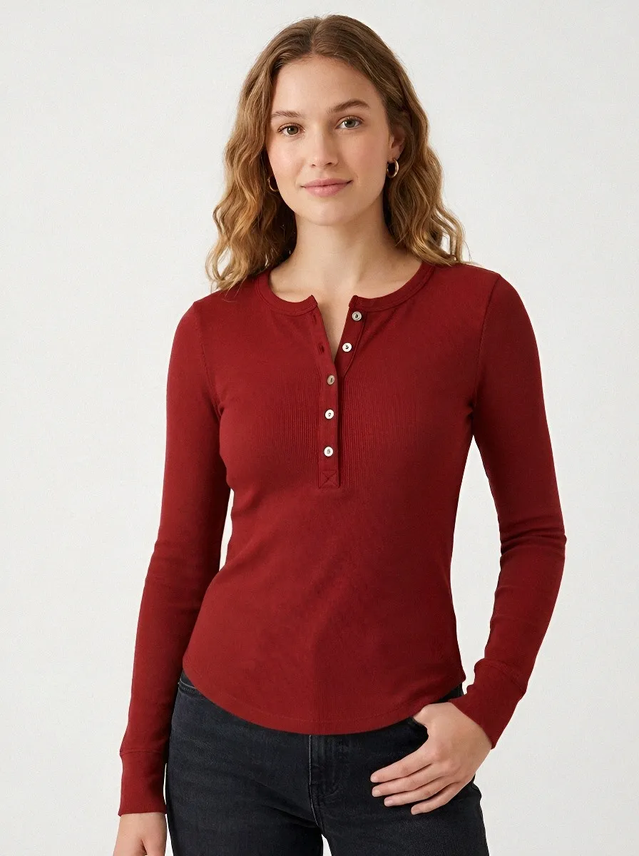 Women's Brown Ribbed Leaf Logo Buttoned Henley Shirt