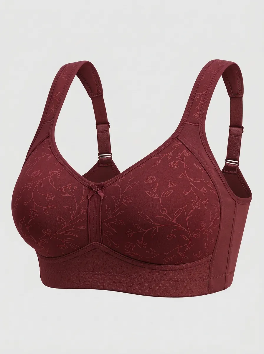 Women's Plus Size Beige Floral Outline Full-Coverage Bow-Detail Wireless Bra