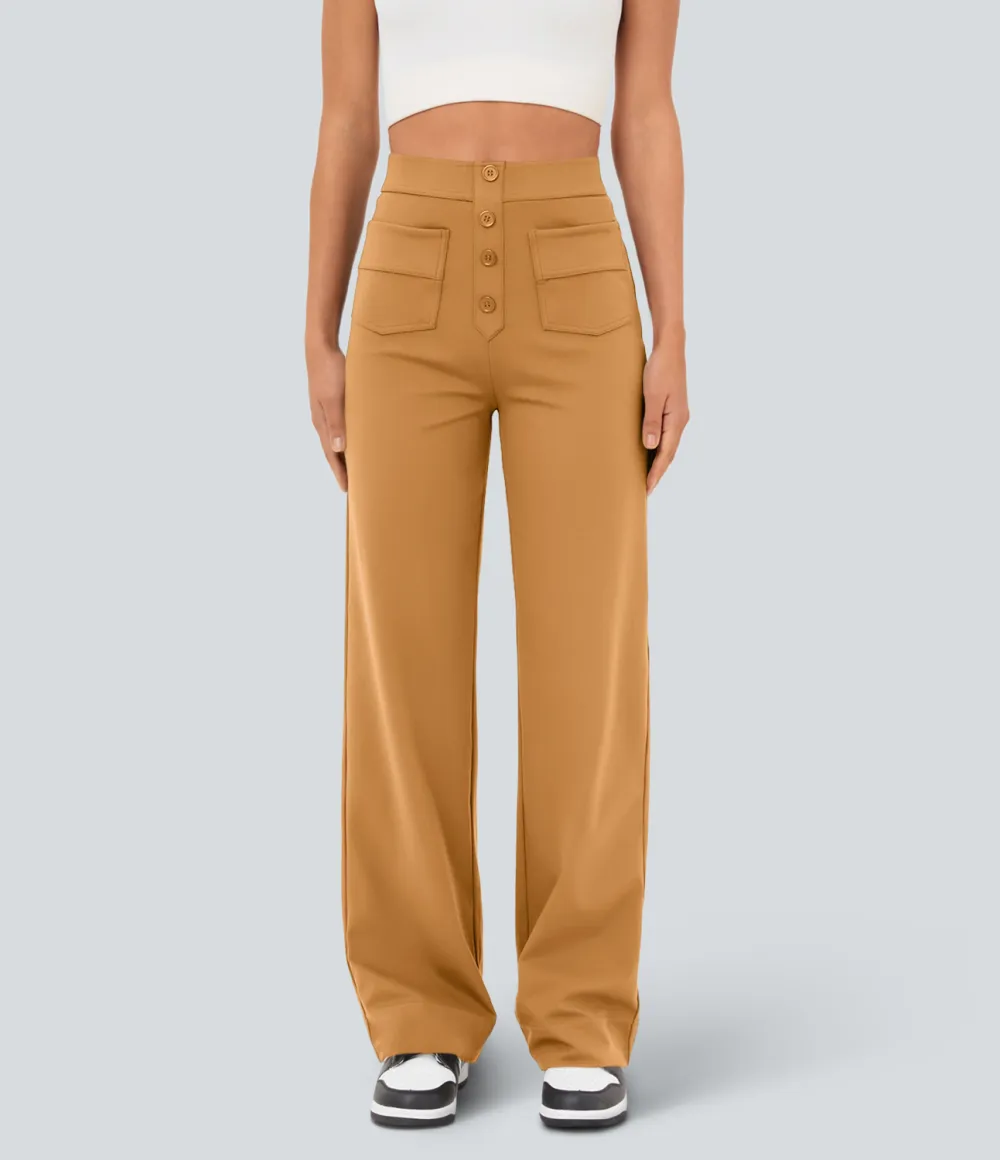 High Waisted Button Multiple Pockets Straight Leg Casual Pants
