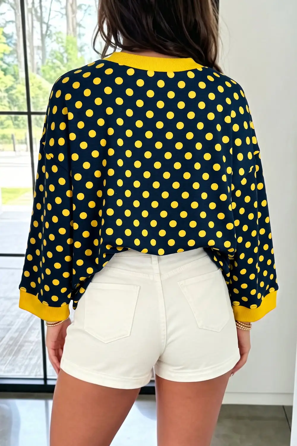 Refined Polka Dot Round Neck Contrast Trim Relaxed Bracelet Sleeve Top