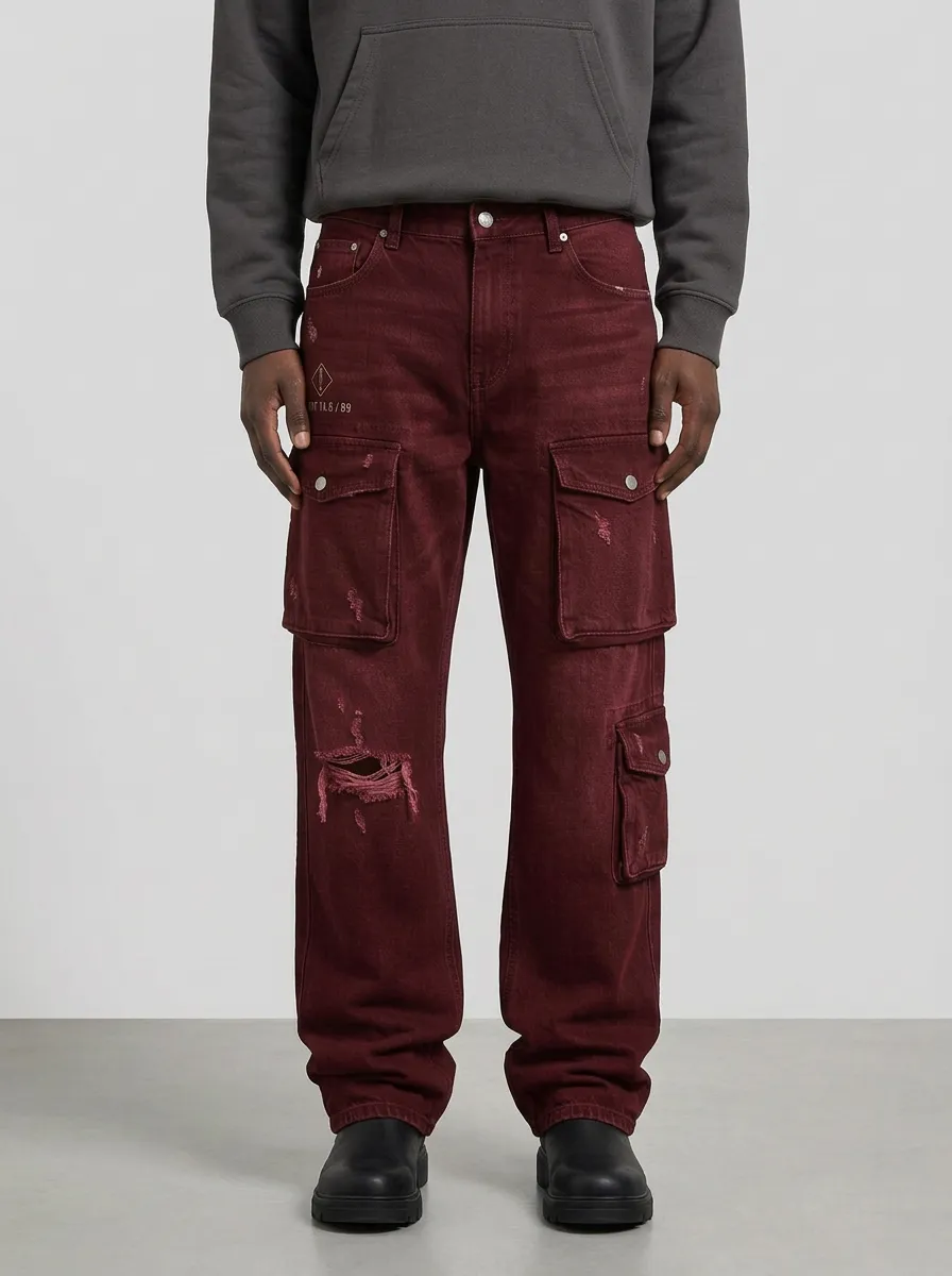 Men's Distressed Indigo Frayed Knee Cargo Pants