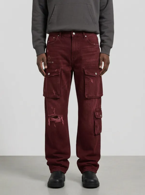Men's Distressed Indigo Frayed Knee Cargo Pants