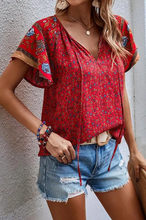 V Neck Printed Casual Tops