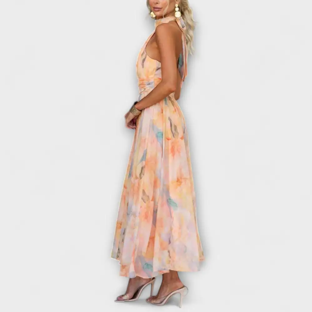 Printed Flowing Halter Maxi Dress