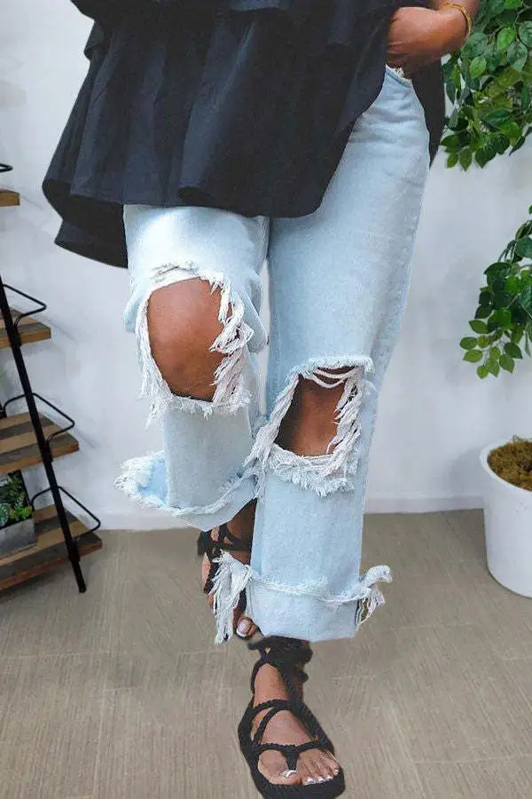 Blue Ripped Frayed Jeans