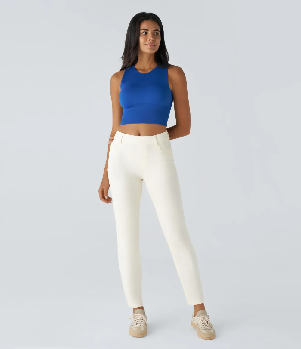 Magic High Waisted Multiple Pockets Straight Leg Washed Stretchy Knit Casual Jeans