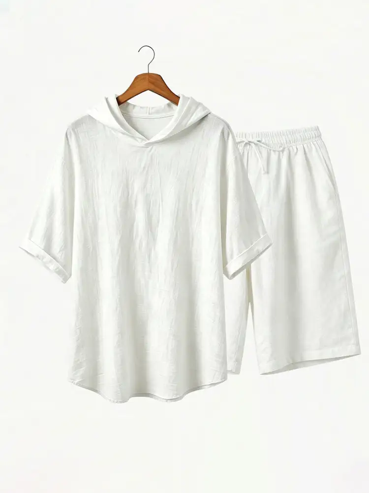 Washed Cotton Linen Hoodie Short Two Piece Set
